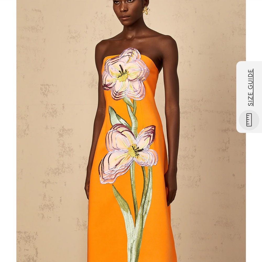Elegant Strapless Orange Dress with Floral Design miss rosier